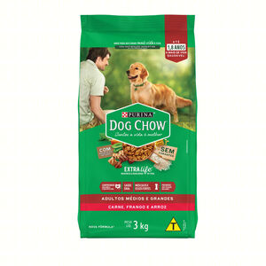 Alimento para Cães Adultos Raças Médias e Grandes Carne, Frango e Arroz Purina Dog Chow Extra Life Pacote 3kg