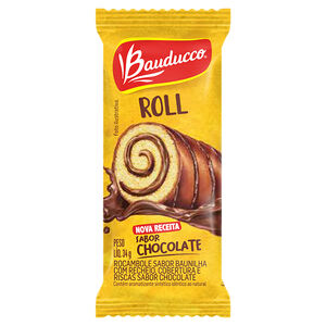 Rocambole Baunilha com Recheio, Cobertura e Riscas Chocolate Bauducco Roll Pacote 34g