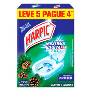 Detergente Sanitário Pastilha Adesiva 2 em 1 Pinho Harpic Leve 5 Pague 4 Unidades