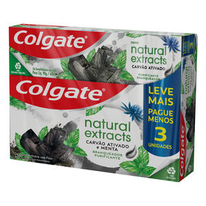 Pack Gel Dental Carvão Ativado Menta com Flúor Colgate Natural Extracts Purificante Caixa 3 Unidades 90g Cada